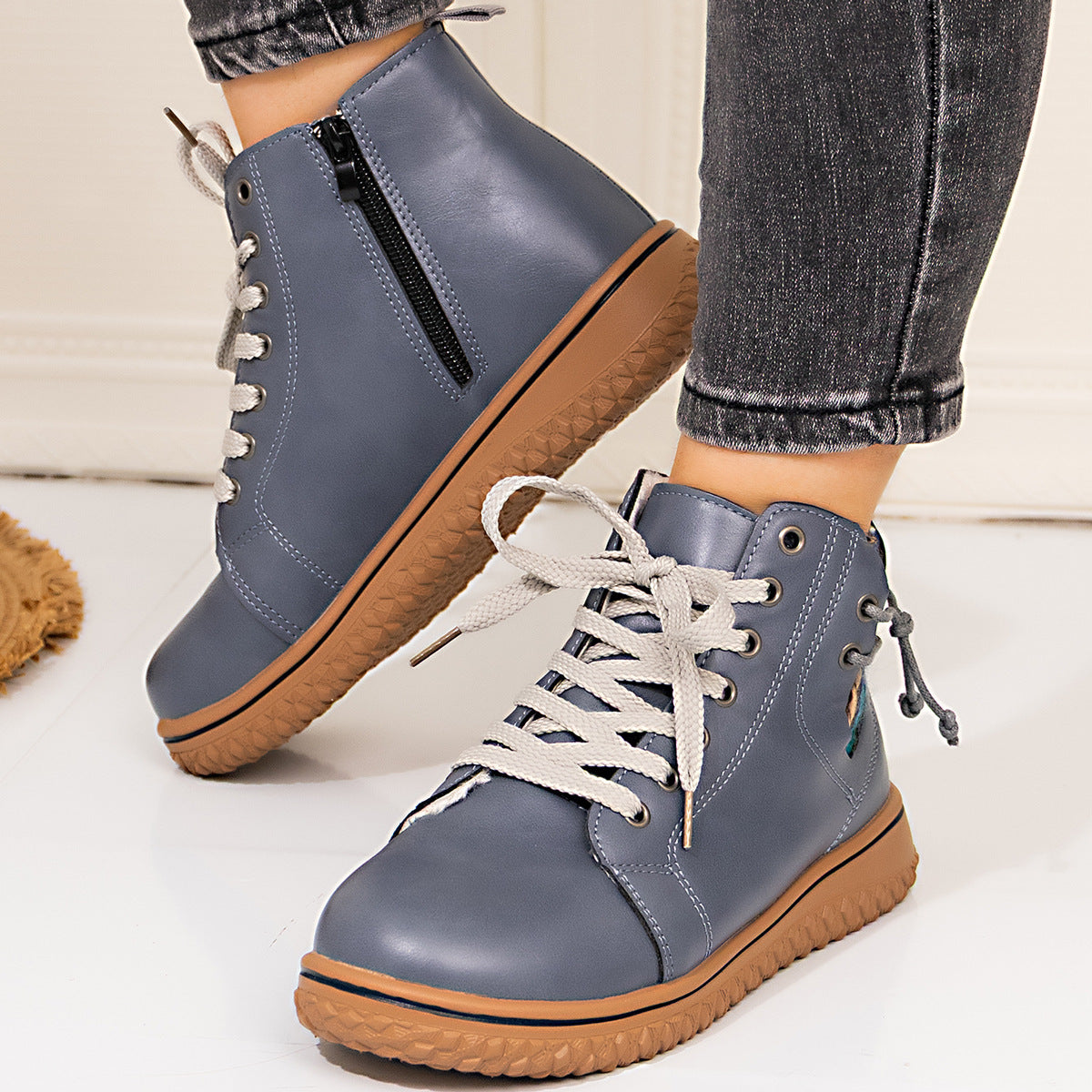 PU Casual Shoes With Front Laces, Winter Cotton Boots