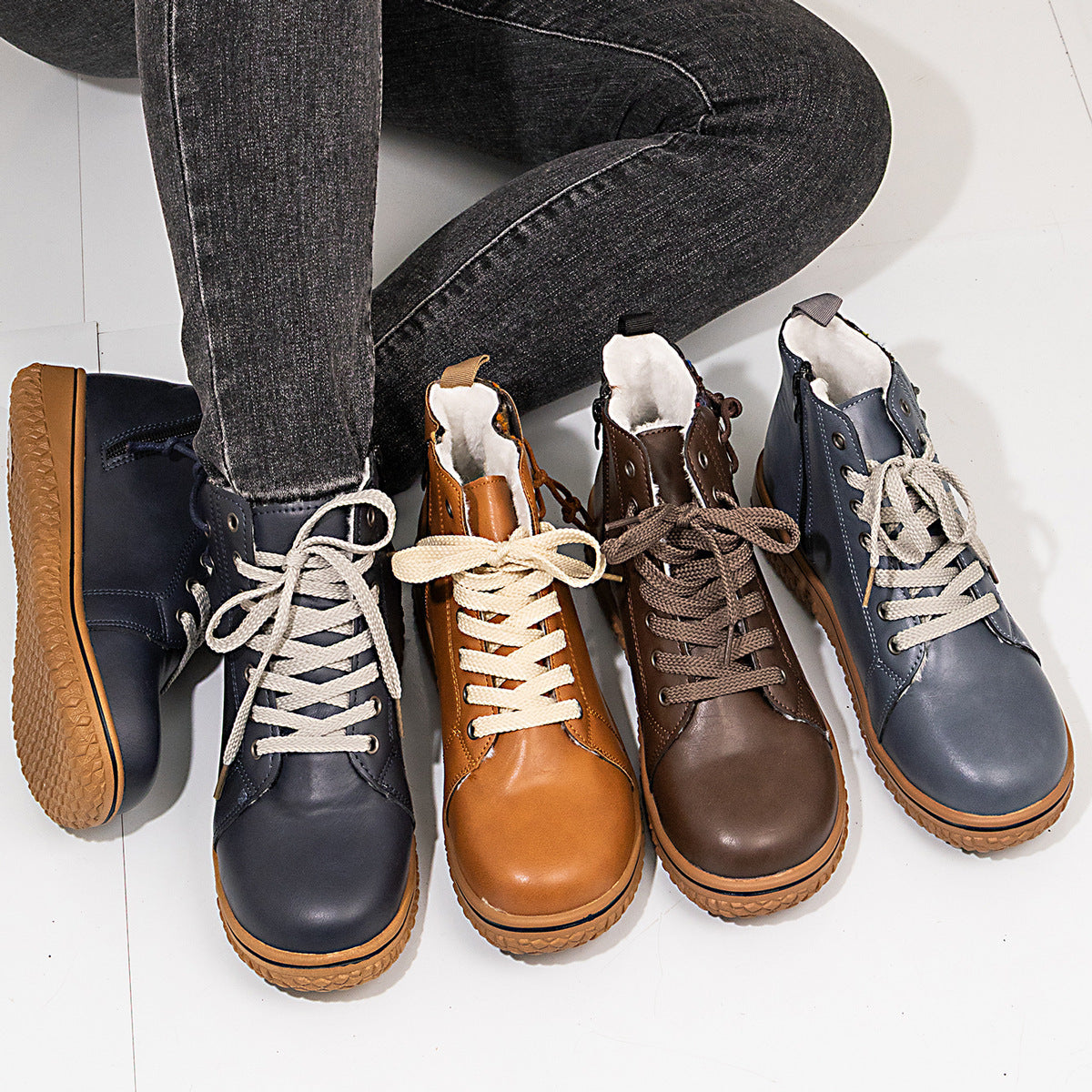 PU Casual Shoes With Front Laces, Winter Cotton Boots