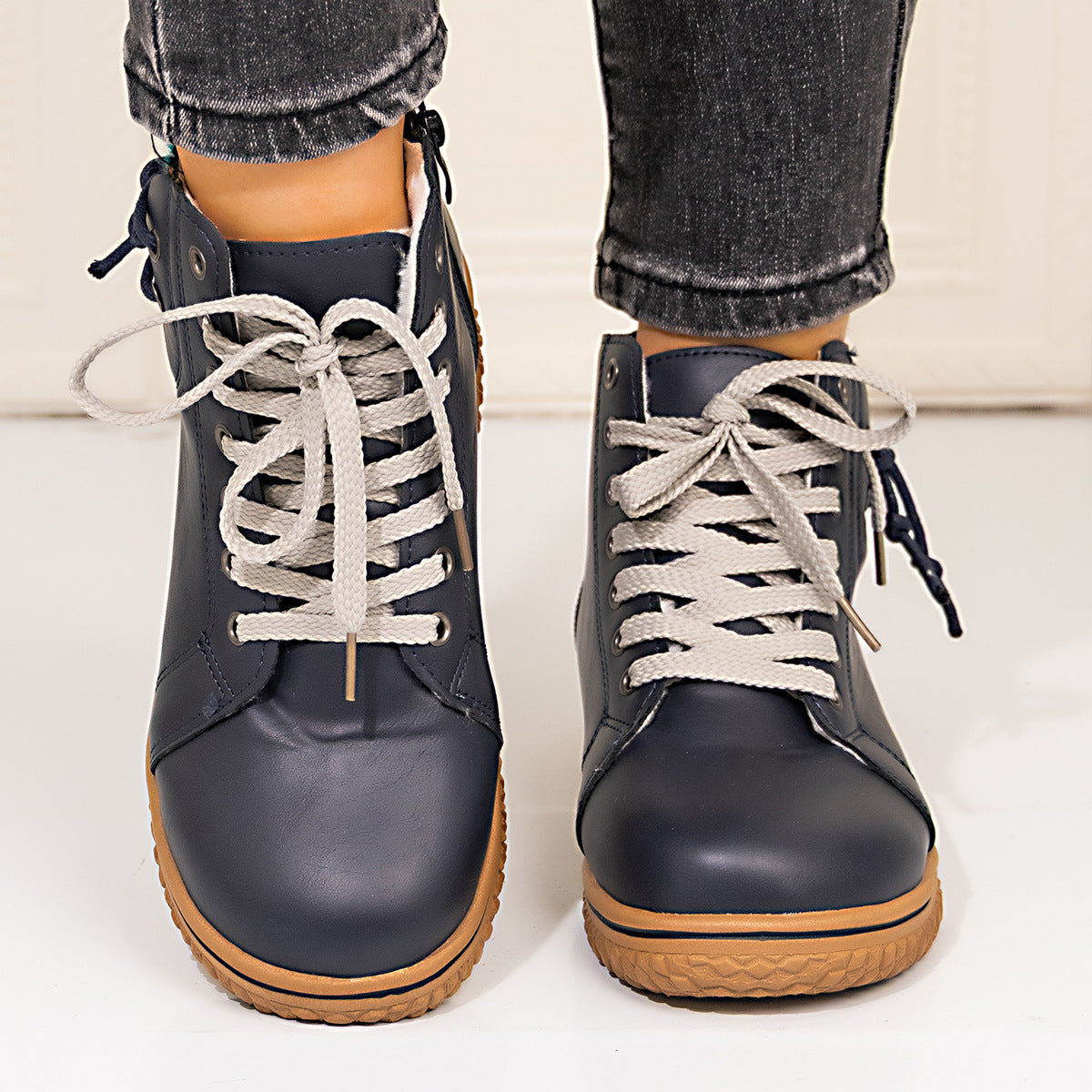 PU Casual Shoes With Front Laces, Winter Cotton Boots