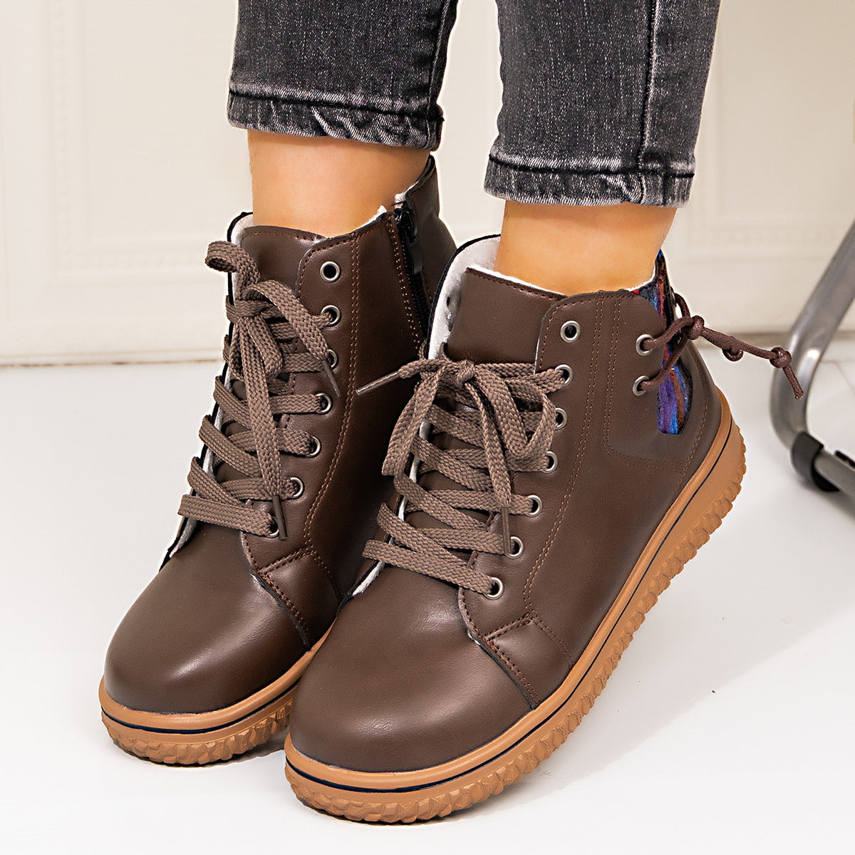 PU Casual Shoes With Front Laces, Winter Cotton Boots