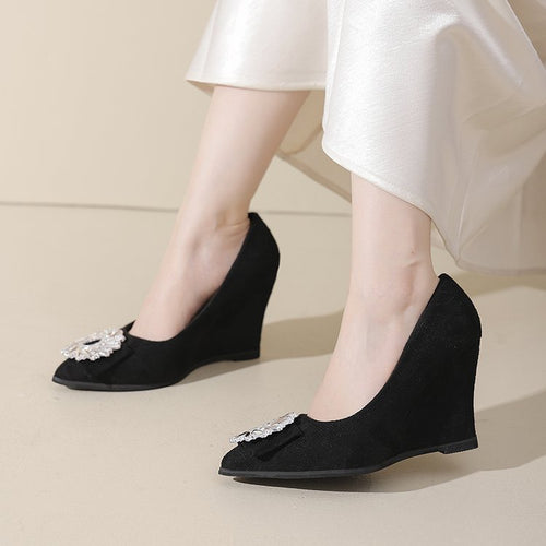 2026 New French Style Pointed Toe Pumps Women's Black Heels With Rhinestone Square Buckle, Slim Heel, Elegant Versatile Slip-On Shoes