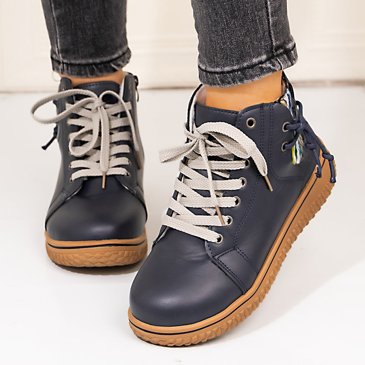 PU Casual Shoes With Front Laces, Winter Cotton Boots