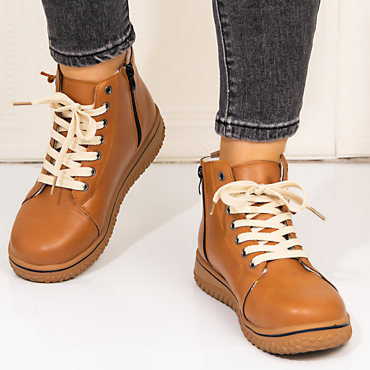 PU Casual Shoes With Front Laces, Winter Cotton Boots