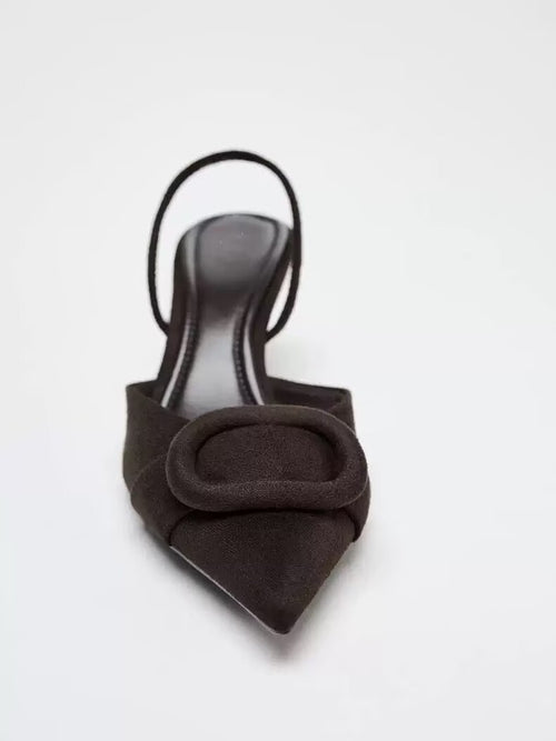 2026 Spring New Arrival Women's Square Buckle Pointed Toe High Heels, Closed Toe Backless Mules Sandals In Brown