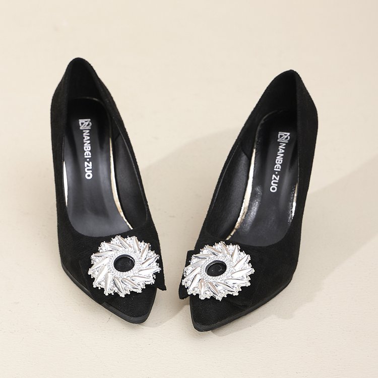 2026 New French Style Pointed Toe Pumps Women's Black Heels With Rhinestone Square Buckle, Slim Heel, Elegant Versatile Slip-On Shoes
